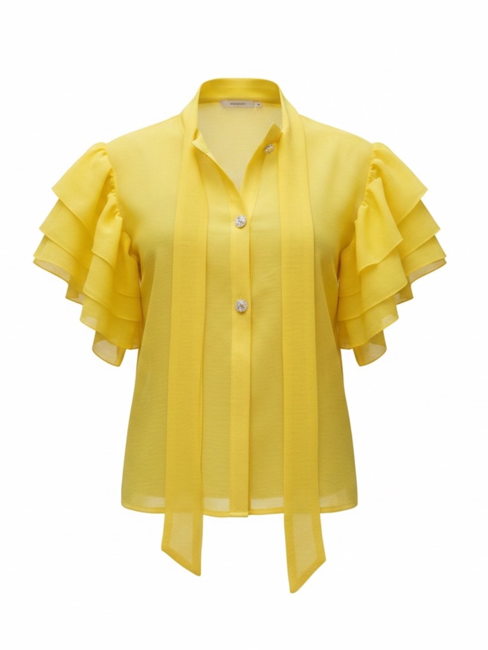 Women’s Yellow Ruffle-Sleeve Tie-Neck Blouse